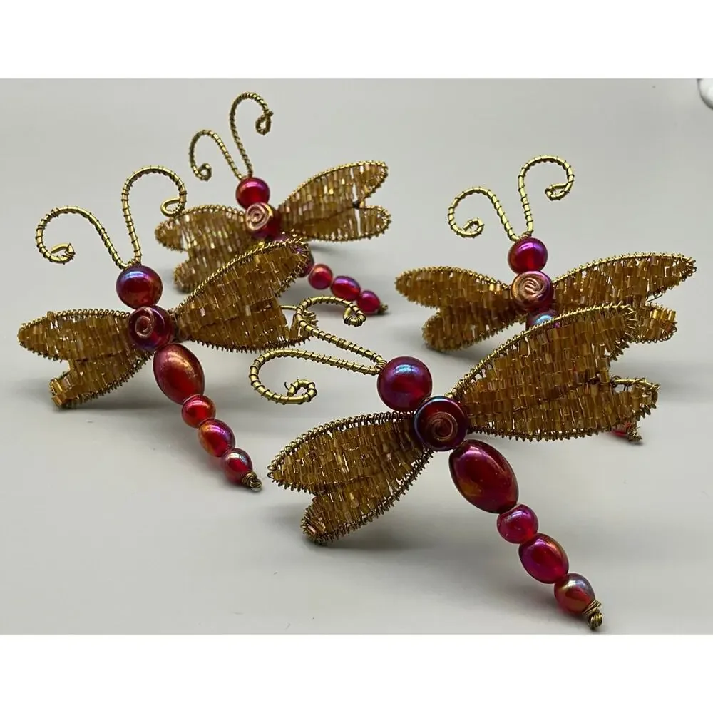 Vintage 4 Pier 1 Imports Beaded Dragon Fly Napkin Rings Burgundy Gold